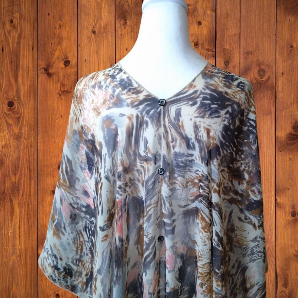 Sheer Floral Geometric Lightweight Cover Up Boho Button Accent - Picture 6 of 6
